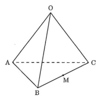 四面体OABCの図で、Oが上、Aが左、Bが下、Cが右にある。辺ACは破線で、ほかの5辺は実線で描かれ、辺BC上に点Mが黒い点で示されている。