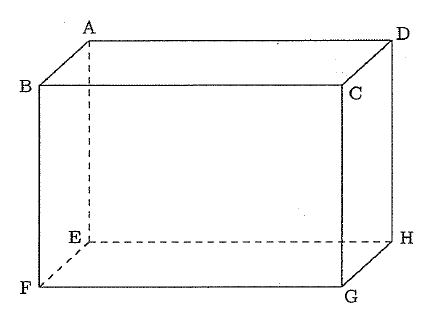 直方体ABCD-EFGHの図で、上面の奥左にA、手前左にB、手前右にC、奥右にDが表示され、それぞれの真下にE、F、G、Hがある。奥左の縦辺AEと下面の辺EF、EHは破線で、残りの辺は実線で描かれている。