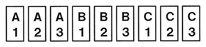 長方形のカードが9枚横一列に並んでいる。各カードには上にアルファベット、下に数字があり、左からA1・A2・A3・B1・B2・B3・C1・C2・C3と記されている。
