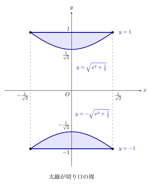 x軸・y軸（縦横同じ縮尺）に、a=b=1/√2 のときの切り口の周が青い太線で描かれている。上側は直線 y=1 と曲線 y=√(x²+1/2)（y軸上で 1/√2 まで下がる）、下側は直線 y=−1 と曲線 y=−√(x²+1/2)（y軸上で −1/√2 まで上がる）で、それぞれ x=±1/√2 の黒点 (±1/√2, ±1) で合流し、その間が薄い青で塗られている。x=±1/√2 には灰色の補助破線があり、y軸の目盛 1、1/√2、−1/√2、−1 は線と重ならない位置に記され、図の下に「太線が切り口の周」とある。
