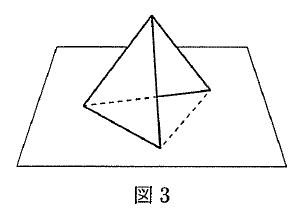 図3。机の面を表す四角形上に三角錐が描かれ、上の頂点から底面の3頂点へ実線が引かれている。底面の右下の辺と、左右を結ぶ辺の左部分は破線である。