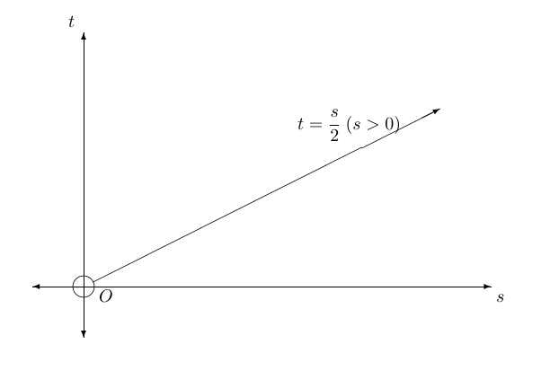 横軸s、縦軸t上に、原点Oから右上へ延びる半直線t=s/2（s>0）が描かれている。原点は白丸で除かれ、半直線の右上端と両座標軸の正負両方向に矢印がある。