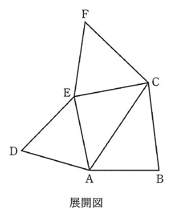 四面体の展開図。下の三角形ABCに対して辺ACの外側に三角形ACE、辺AEの外側に三角形AED、辺ECの外側に三角形ECFが連なり、すべての辺が実線で描かれている。下に「展開図」と表示されている。