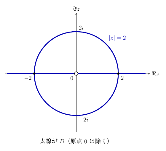 実軸ℜz・虚軸ℑz（正の向きに矢印）の複素数平面に、原点中心・半径2の円 |z|=2 と実軸全体が青い太線で描かれ、原点0は白丸で除かれている。円は虚軸と 2i、−2i で交わり、実軸とは黒点の −2、2 で交わる。目盛 −2、2 は円の外側の斜め下に記され、図の下に「太線が D（原点 0 は除く）」とある。