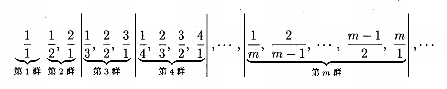 数列を群に分けた図。第1群は1/1、第2群は1/2、2/1、第3群は1/3、2/2、3/1、第4群は1/4、2/3、3/2、4/1で、各群の下に波括弧と群名がある。省略点の後の第m群は1/m、2/(m−1)、…、(m−1)/2、m/1で、下に波括弧と「第m群」があり、群間は縦線で区切られ、その右にも省略点がある。