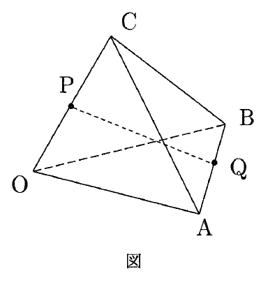 正四面体OABCの図で、上にC、左下にO、右上にB、右下にAがあり、辺OC上のPと辺AB上のQが黒丸で示されている。辺OBと線分PQは破線、ほかの辺は実線で、下に「図」と記されている。