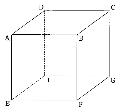 立方体の手前の面は左上A、右上B、右下F、左下E、奥の対応する頂点はD、C、G、Hと表示されている。辺EH、HG、HDは破線で、残る辺は実線で描かれている。