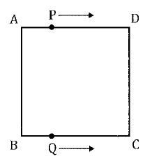 正方形 ABCD の図。Aは左上、Bは左下、Cは右下、Dは右上にある。上辺 AD 上の黒点 P、下辺 BC 上の黒点 Q から、それぞれ右向きの矢印が示されている。