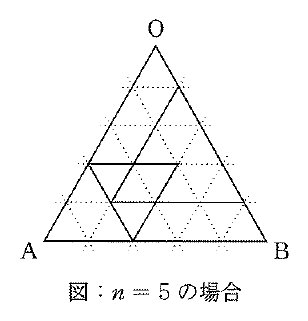 頂点Oが上、Aが左下、Bが右下の三角形に、各辺を5等分する三角格子が破線で描かれている。外周OABは実線。内部には実線の正三角形が2つあり、1つは辺OB上に1辺をもつ1辺3の上向きの正三角形、もう1つは左上の頂点がOA上、下の頂点がAB上にある1辺2の下向きの正三角形である。下に「図：n=5の場合」と記されている。