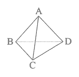 四面体ABCDの図で、Aが上、Bが左、Cが下、Dが右に表示されている。辺BDは破線、残りの5辺は実線で描かれている。