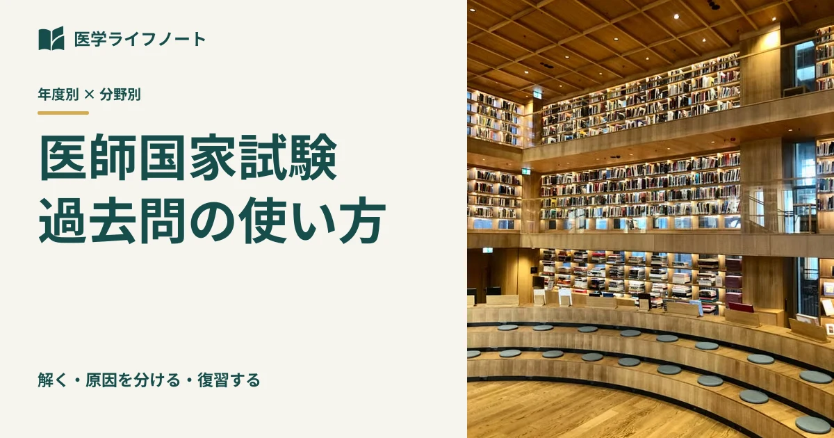 医師国家試験の過去問を年度別・分野別に解いて復習する方法を解説する記事のアイキャッチ